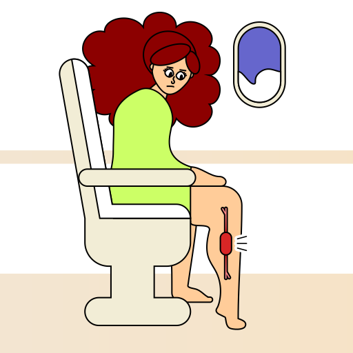 Ilustração de uma pessoa com trombose na perna, em uma viagem de avião.